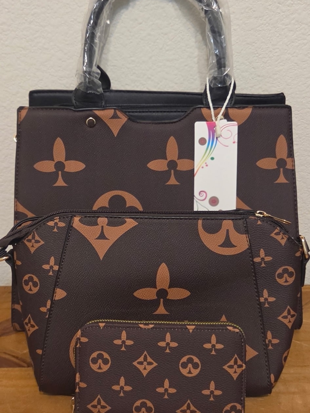 Brown Monogram Tote and Pouch Set - Designer Style Women’s Bag
